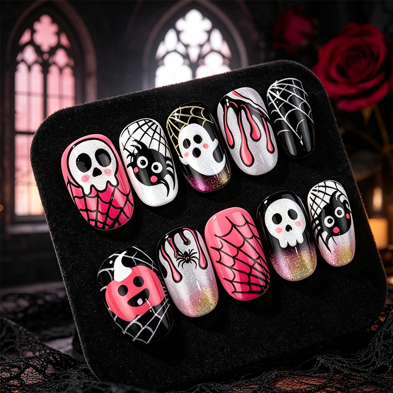 ✨ JETZT 50 % RABATT! !✨Halloween Aufklebe-Nagelset🎃, einfache Anwendung, viele gruselige Muster, perfekt für Halloween-Feste👻