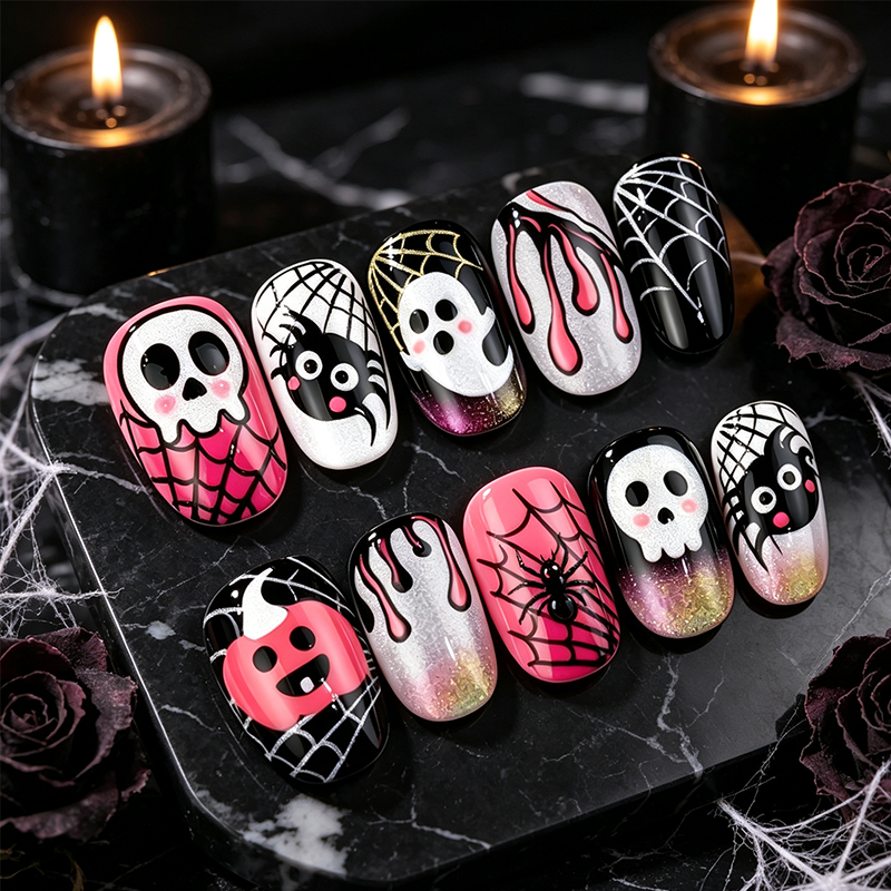 ✨ JETZT 50 % RABATT! !✨Halloween Aufklebe-Nagelset🎃, einfache Anwendung, viele gruselige Muster, perfekt für Halloween-Feste👻
