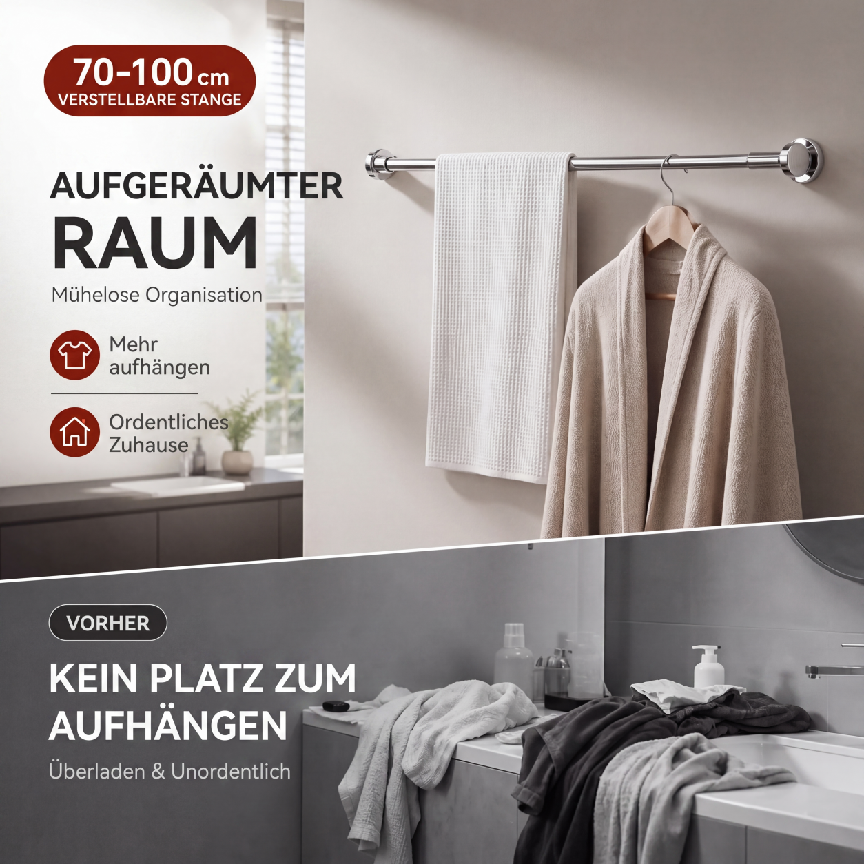 🔧 JETZT 50 % RABATT! 📏 Verstellbare Spannstange ohne Bohren – Werkzeugfreie Montage, starker Halt & vielseitig einsetzbar – Schafft sofortigen Stauraum überall und jederzeit 🏠