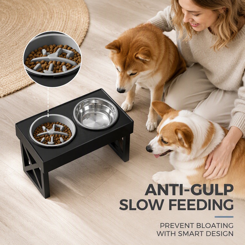 Erhöhte Hundenäpfe mit Slow-Feeder & Edelstahlnäpfen