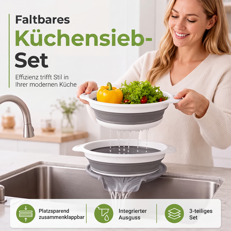 🔥 BEGRENZTES ANGEBOT: 50 % Rabatt! 🥗 Multifunktionales, zusammenklappbares Sieb – Abtropfgestell mit Auffangschale, kompakt und praktisch für die Küche ✨