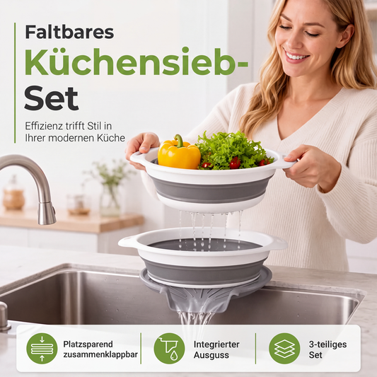 🔥 BEGRENZTES ANGEBOT: 50 % Rabatt! 🥗 Multifunktionales, zusammenklappbares Sieb – Abtropfgestell mit Auffangschale, kompakt und praktisch für die Küche ✨