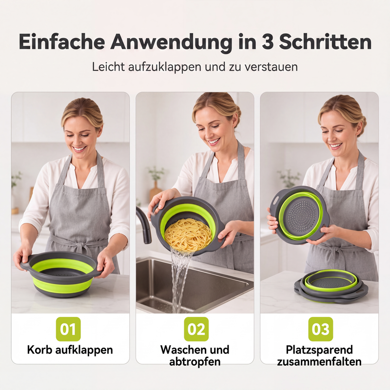 🔥 BEGRENZTES ANGEBOT: 50 % Rabatt! 🥗 Multifunktionales, zusammenklappbares Sieb – Abtropfgestell mit Auffangschale, kompakt und praktisch für die Küche ✨
