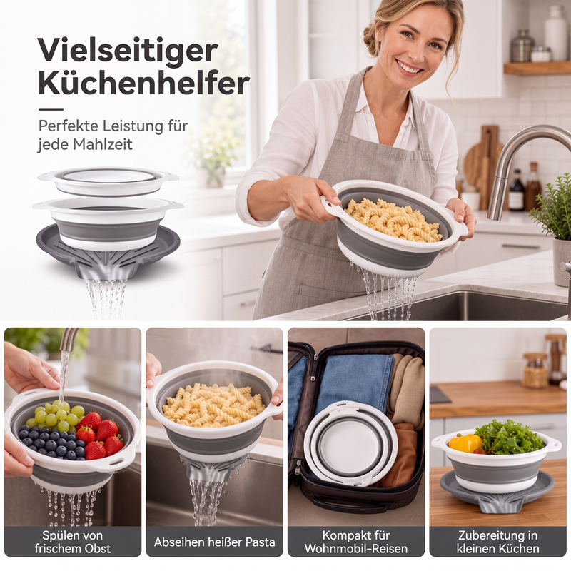 🔥 BEGRENZTES ANGEBOT: 50 % Rabatt! 🥗 Multifunktionales, zusammenklappbares Sieb – Abtropfgestell mit Auffangschale, kompakt und praktisch für die Küche ✨