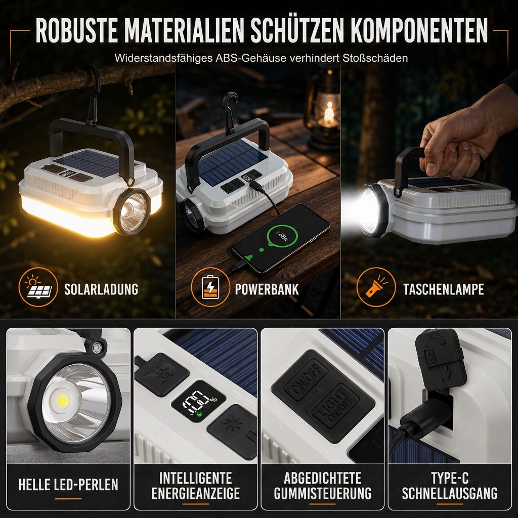 📢📢50% RABATT !!⏰Solar wiederaufladbare LED-Campinglampe, multifunktionale Handarbeitsleuchte mit langer Akkulaufzeit für Outdoor-Notfälle