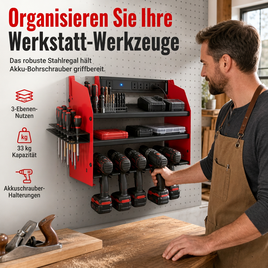 🔧 50% RABATT! 🧰 Wand-Organizer für Elektrowerkzeuge – Mit Haken & Akkuhalterung ✨