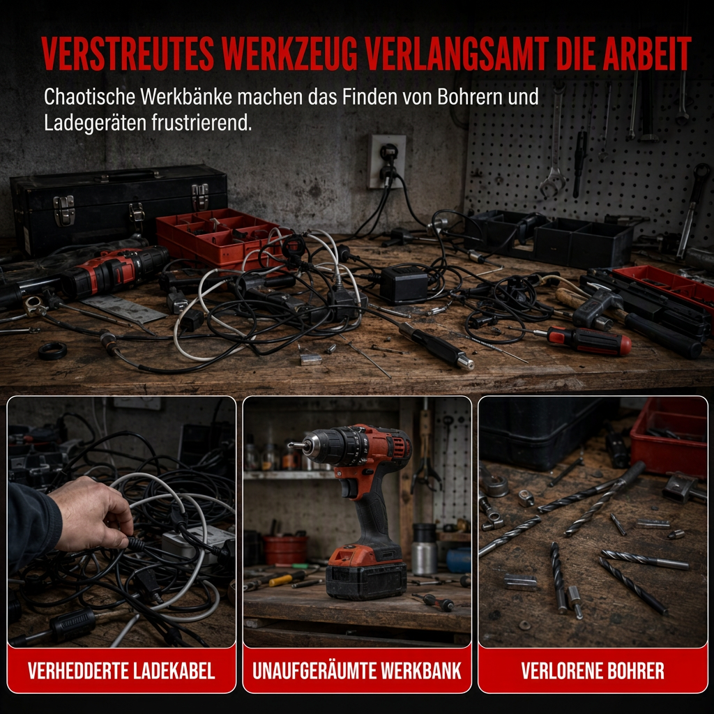 🔧 50% RABATT! 🧰 Wand-Organizer für Elektrowerkzeuge – Mit Haken & Akkuhalterung ✨