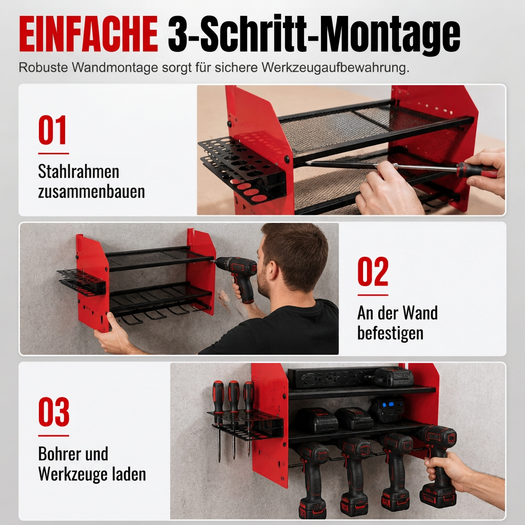 🔧 50% RABATT! 🧰 Wand-Organizer für Elektrowerkzeuge – Mit Haken & Akkuhalterung ✨
