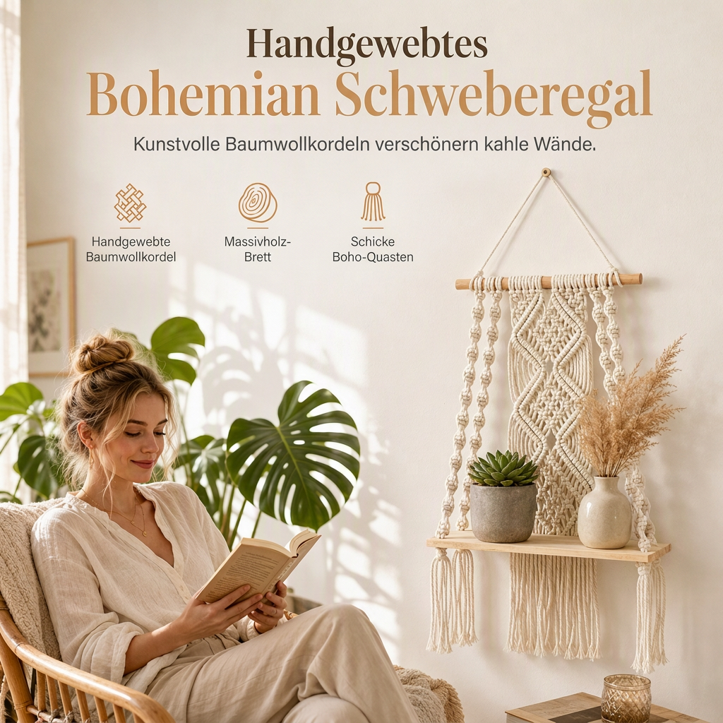 ⏳ Kun for en kort tid – 50 % RABATT ⏰Böhmisch handgewebte Makramee-Wandbehang-Schwebeboden für Bücher und Pflanzen, Wohnzimmerdekoration