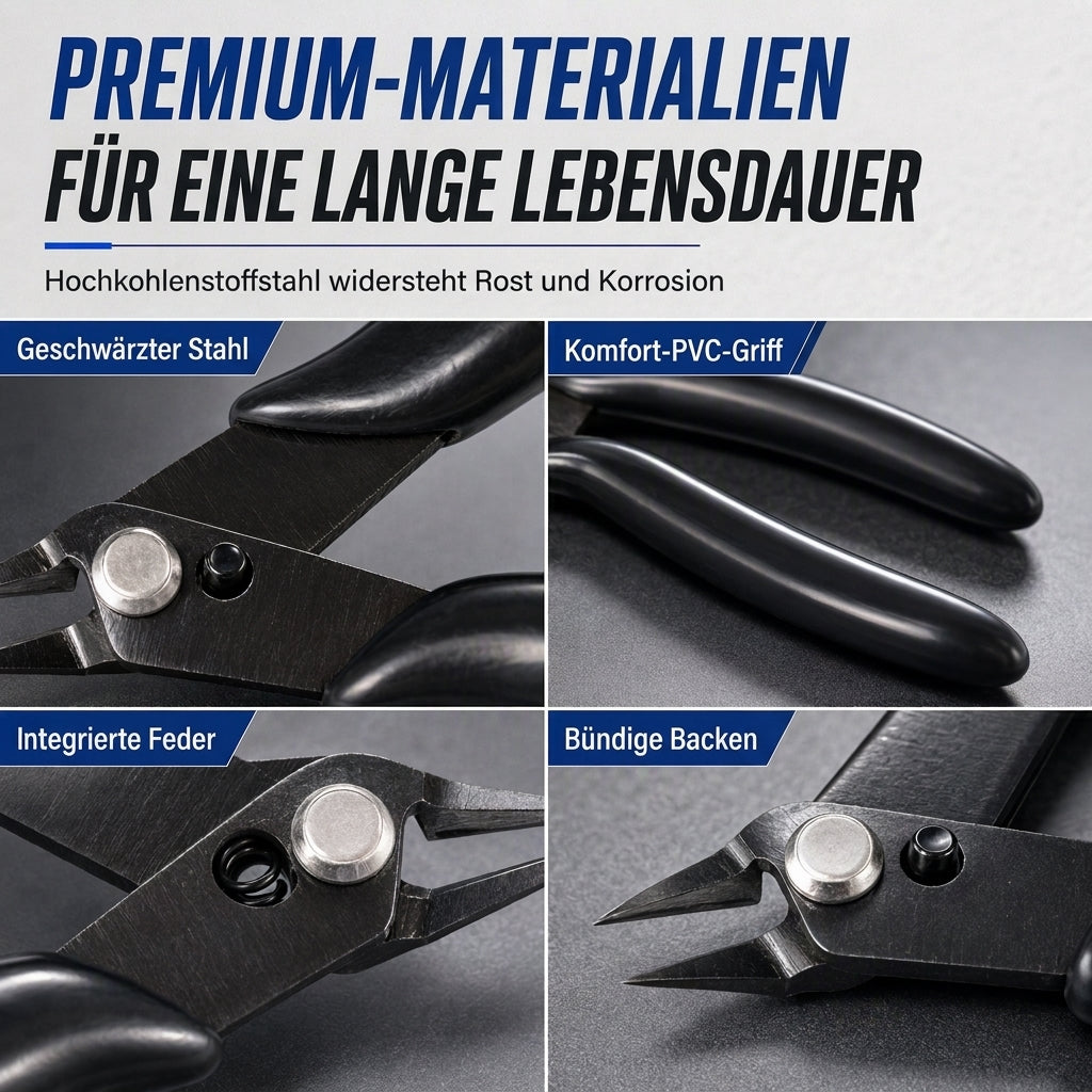 🔧 Präzisions-Seitenschneider: Bündiger Schnitt, federbelastet, aus geschwärztem Stahl, rutschfester Griff
