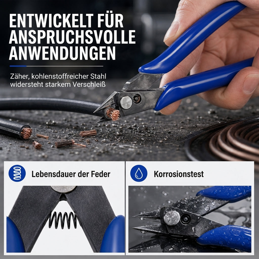 🔧 Präzisions-Seitenschneider: Bündiger Schnitt, federbelastet, aus geschwärztem Stahl, rutschfester Griff