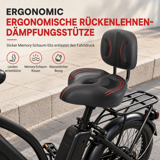 📢📢50% RABATT !!⏰ Breiter Fahrradsattel – Rückenlehne & übergroßer Komfort für E-Bikes ✨