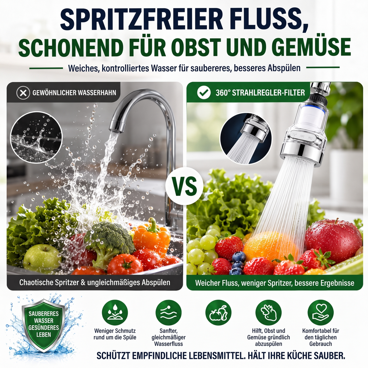 ⏳ Zeitlich begrenzte Sonderaktion ⏰ 360° drehbarer Wasserhahnfilter – spritzwassergeschützt und mehrschichtig gefiltert. Passend für Küchenarmaturen, reinigt Wasser und verhindert Spritzwasser. Saubereres Waschbecken, sicheres Wasser! ✨