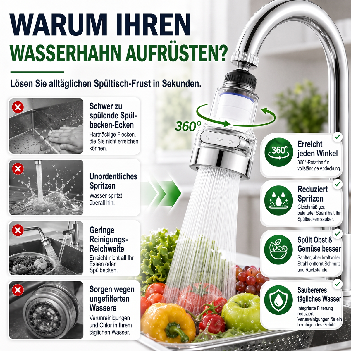 ⏳ Zeitlich begrenzte Sonderaktion ⏰ 360° drehbarer Wasserhahnfilter – spritzwassergeschützt und mehrschichtig gefiltert. Passend für Küchenarmaturen, reinigt Wasser und verhindert Spritzwasser. Saubereres Waschbecken, sicheres Wasser! ✨