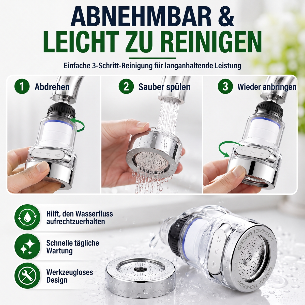 ⏳ Zeitlich begrenzte Sonderaktion ⏰ 360° drehbarer Wasserhahnfilter – spritzwassergeschützt und mehrschichtig gefiltert. Passend für Küchenarmaturen, reinigt Wasser und verhindert Spritzwasser. Saubereres Waschbecken, sicheres Wasser! ✨