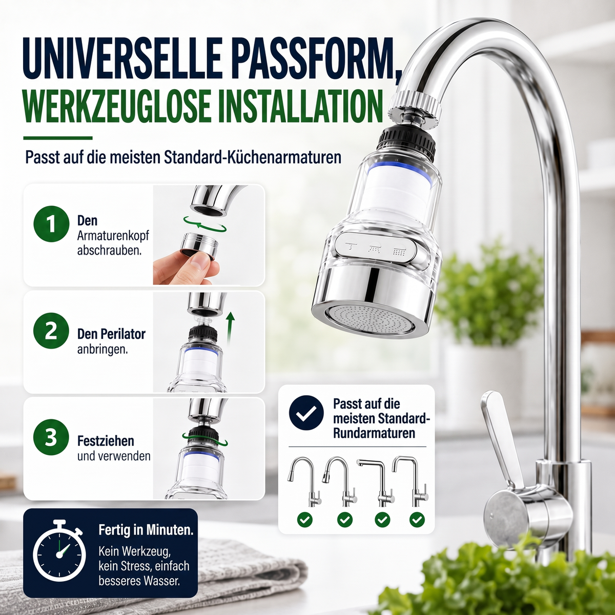 ⏳ Zeitlich begrenzte Sonderaktion ⏰ 360° drehbarer Wasserhahnfilter – spritzwassergeschützt und mehrschichtig gefiltert. Passend für Küchenarmaturen, reinigt Wasser und verhindert Spritzwasser. Saubereres Waschbecken, sicheres Wasser! ✨