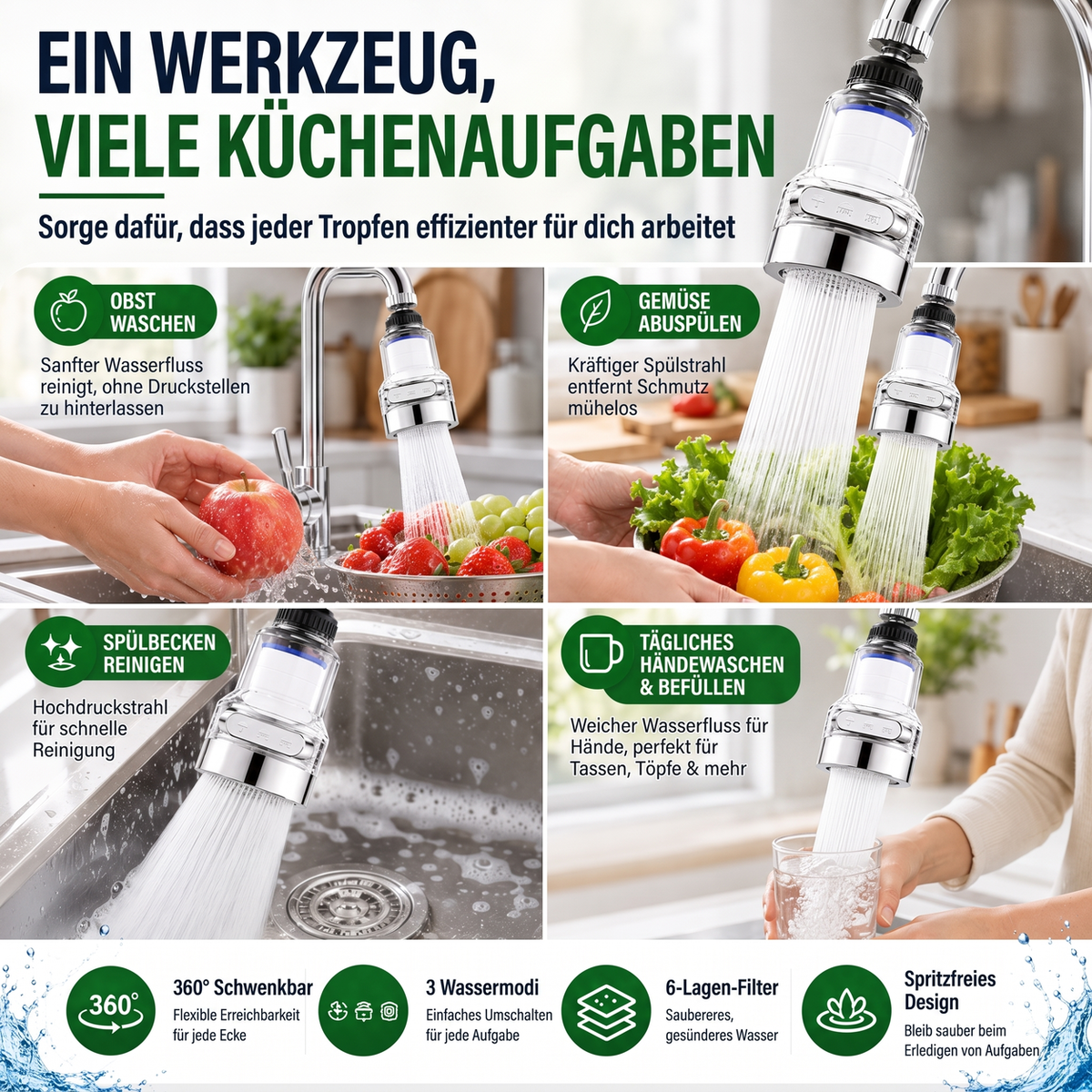 ⏳ Zeitlich begrenzte Sonderaktion ⏰ 360° drehbarer Wasserhahnfilter – spritzwassergeschützt und mehrschichtig gefiltert. Passend für Küchenarmaturen, reinigt Wasser und verhindert Spritzwasser. Saubereres Waschbecken, sicheres Wasser! ✨