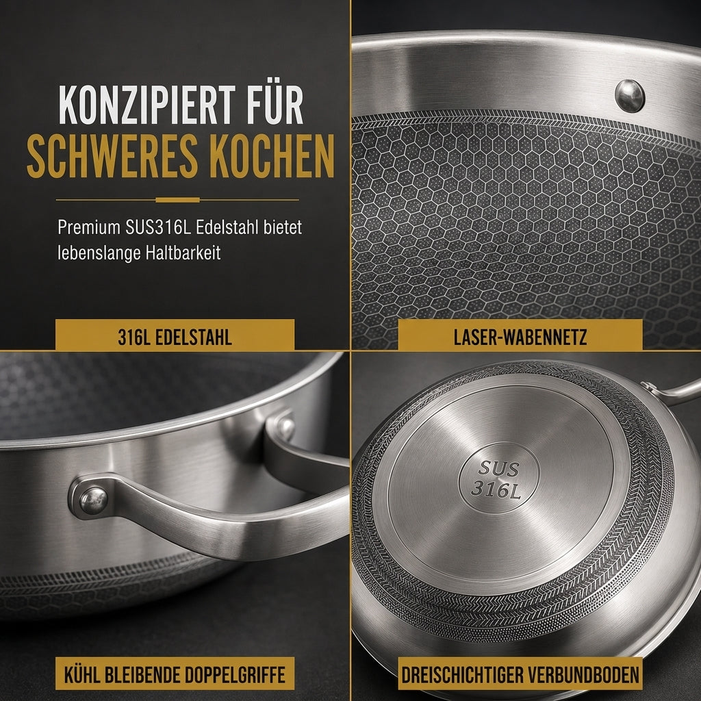 🍳 50 % RABATT 🥘 Verdickter Edelstahl-Antihaft-Wok mit Deckel, flacher Boden, zwei Griffe, hitzebeständig & leicht zu reinigen ✨