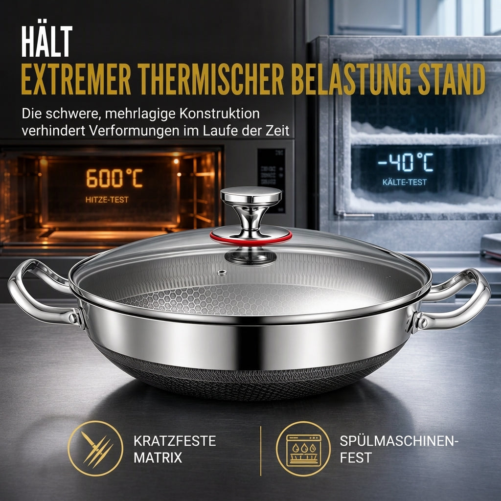 🍳 50 % RABATT 🥘 Verdickter Edelstahl-Antihaft-Wok mit Deckel, flacher Boden, zwei Griffe, hitzebeständig & leicht zu reinigen ✨