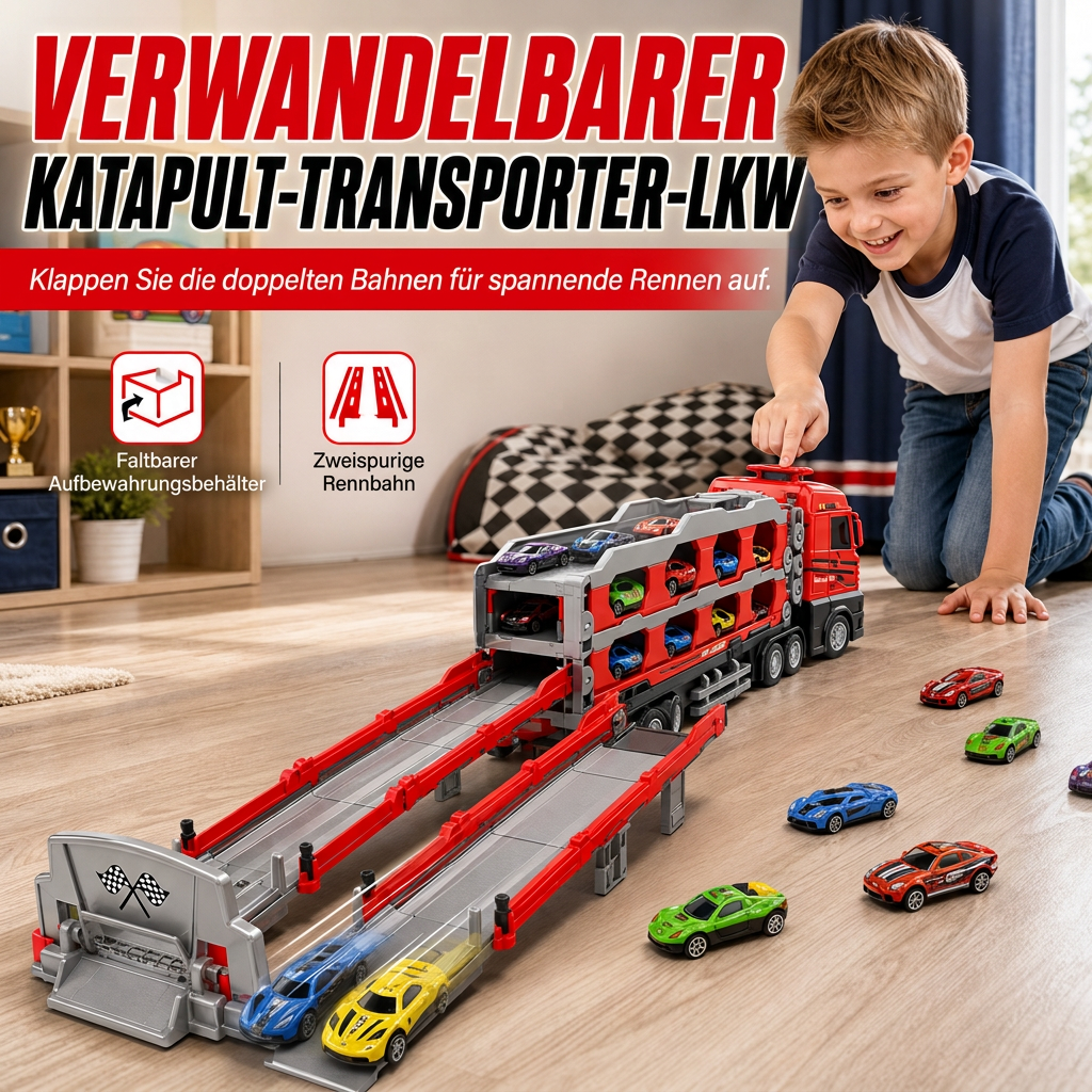 ⏳Begrenzte Zeit 50% Rabatt💥Spielzeug-Transformations-Lagerlastwagen für Kinder mit Soundeffekten und 207 cm langer, klappbarer Katapult-Rennstrecke sowie Mini-Legierungs-Baufahrzeugen