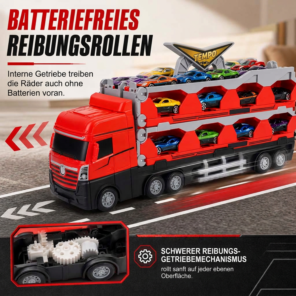 ⏳Begrenzte Zeit 50% Rabatt💥Spielzeug-Transformations-Lagerlastwagen für Kinder mit Soundeffekten und 207 cm langer, klappbarer Katapult-Rennstrecke sowie Mini-Legierungs-Baufahrzeugen