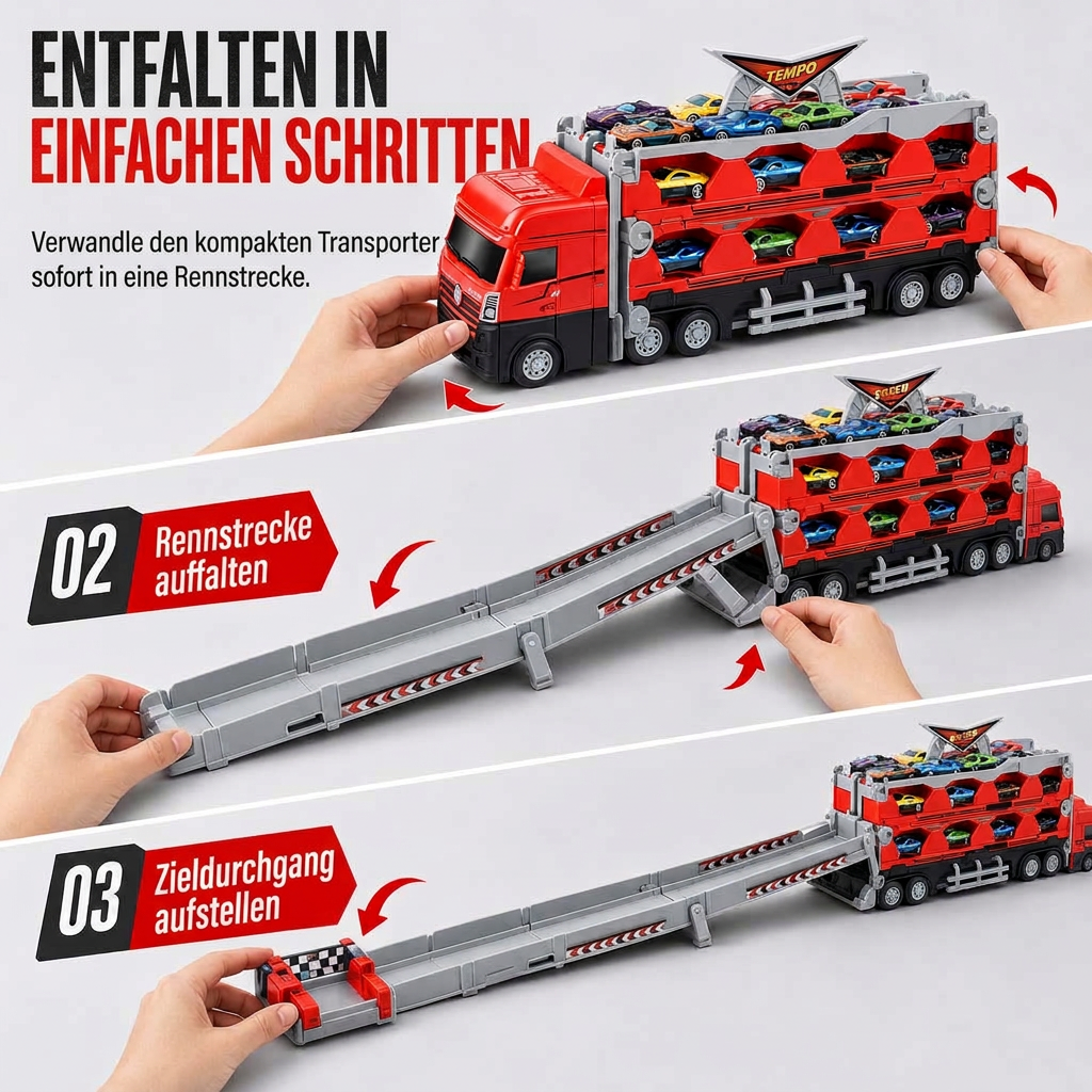 ⏳Begrenzte Zeit 50% Rabatt💥Spielzeug-Transformations-Lagerlastwagen für Kinder mit Soundeffekten und 207 cm langer, klappbarer Katapult-Rennstrecke sowie Mini-Legierungs-Baufahrzeugen