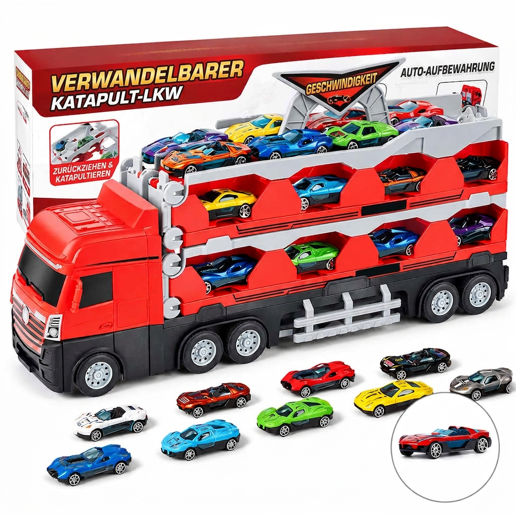 ⏳Begrenzte Zeit 50% Rabatt💥Spielzeug-Transformations-Lagerlastwagen für Kinder mit Soundeffekten und 207 cm langer, klappbarer Katapult-Rennstrecke sowie Mini-Legierungs-Baufahrzeugen