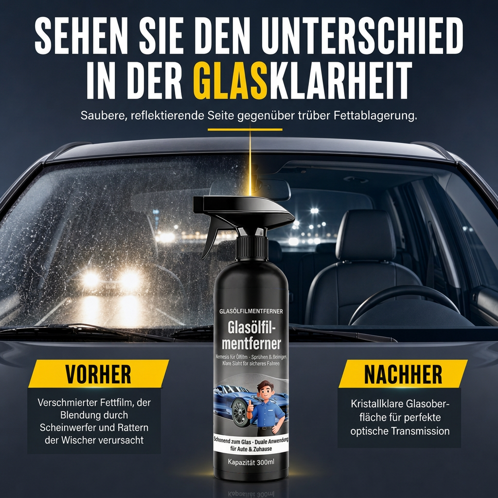 📢📢50% RABATT !!⏰Auto Glas Ölfilm Entferner Spray – starker Scheibenreiniger gegen Verschmutzungen und Insektenrückstände für klare Sicht beim Fahren