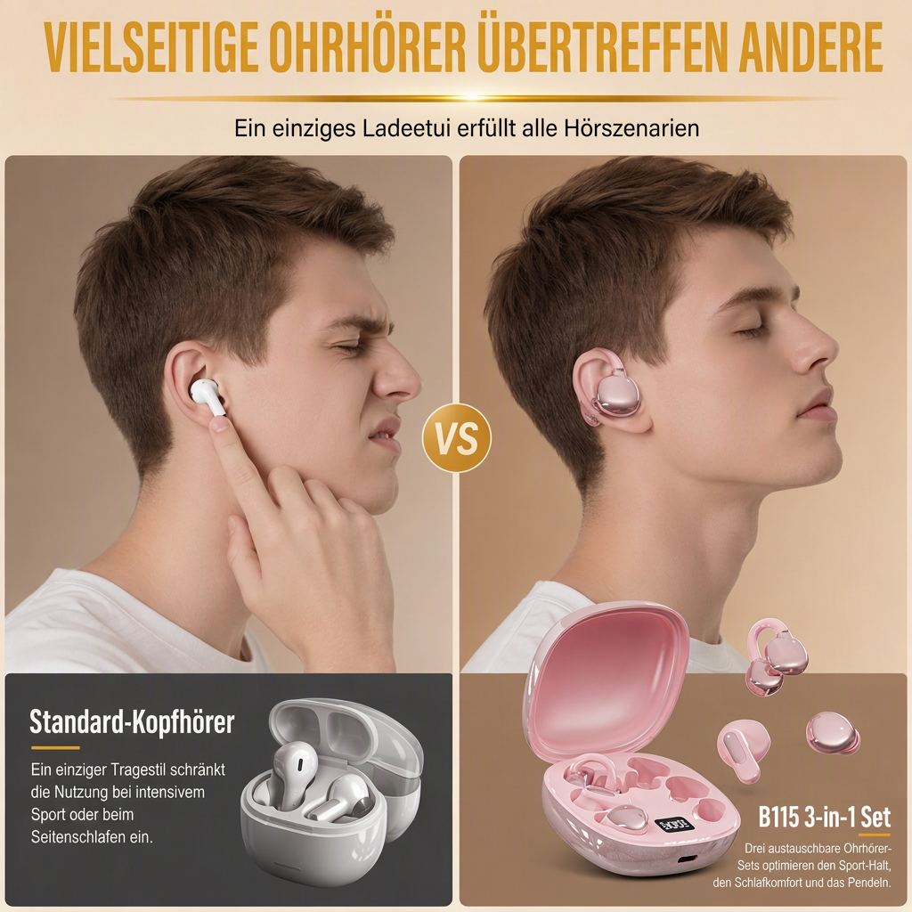 🎧 B115 3-in-1 Bluetooth-Kopfhörer – In-Ear & Ohrclip, komfortabel zum Schlafen mit Geräuschreduzierung und langer Akkulaufzeit