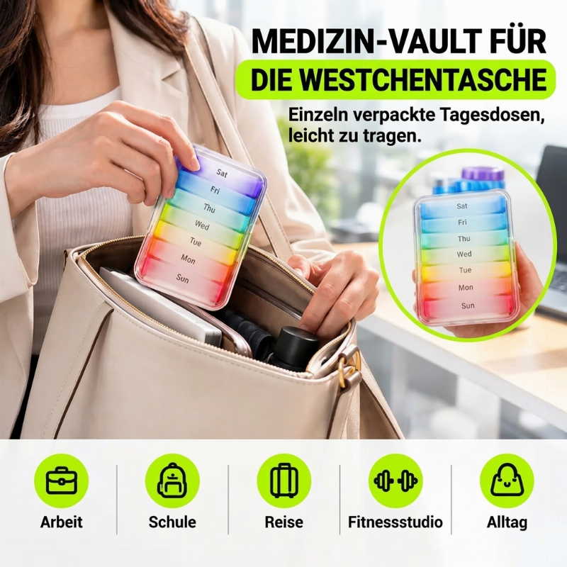 💊 NUR FÜR KURZE ZEIT 50% RABATT ✨ 7-TAGE-TRENNBARE PILLENBOX – FARBKODIERT & TRAGBAR 🌈
