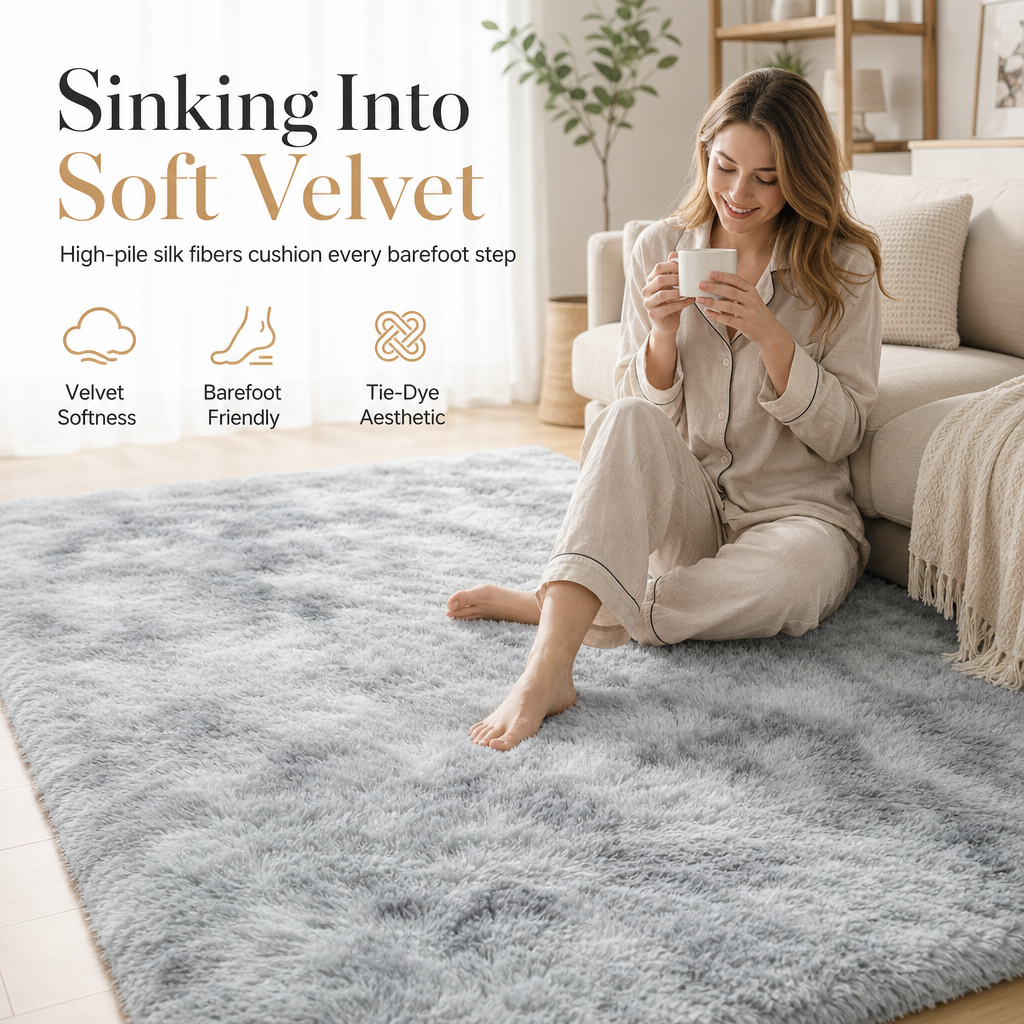 🧸 Weicher, flauschiger Samt-Teppich: dichtes Plüschmaterial, fusselfrei, Wolkenkomfort für Wohnzimmer & Schlafzimmer