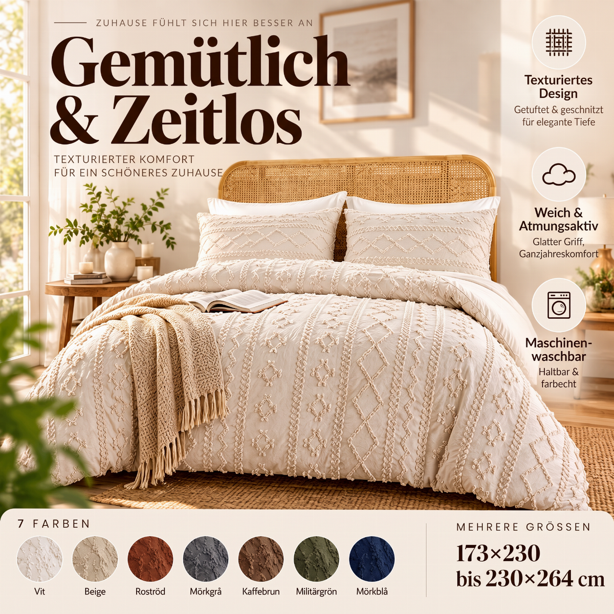 3-teiliges gestepptes Bettwäsche-Set mit Cut-out-Muster