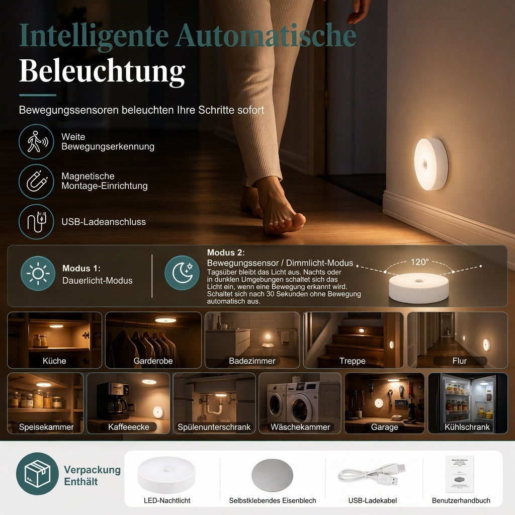 💡 Intelligentes wiederaufladbares kabelloses LED-Bewegungsmelder-Nachtlicht – Intelligente Beleuchtung für jede Ecke 🌙✨