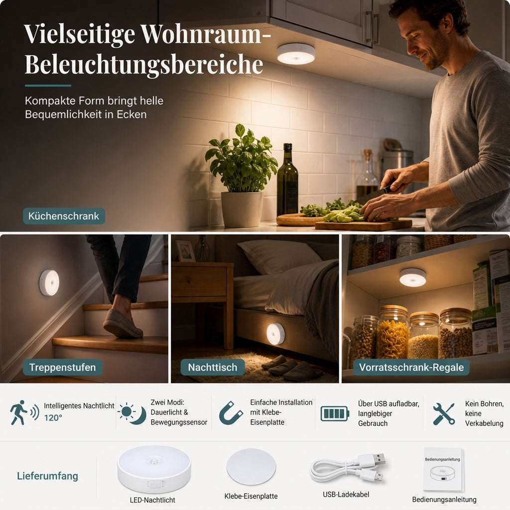 💡 Intelligentes wiederaufladbares kabelloses LED-Bewegungsmelder-Nachtlicht – Intelligente Beleuchtung für jede Ecke 🌙✨