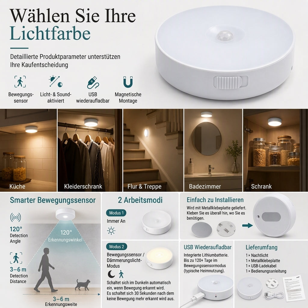 💡 Intelligentes wiederaufladbares kabelloses LED-Bewegungsmelder-Nachtlicht – Intelligente Beleuchtung für jede Ecke 🌙✨