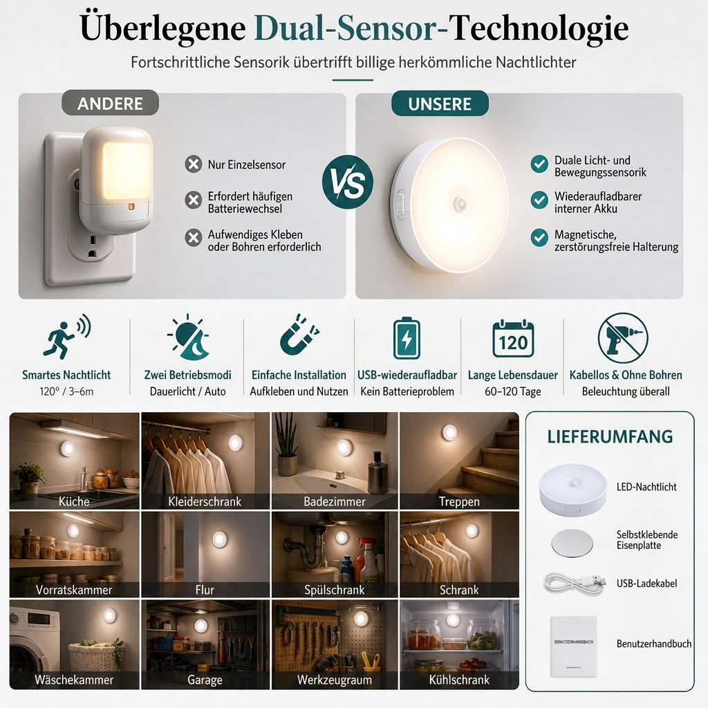 💡 Intelligentes wiederaufladbares kabelloses LED-Bewegungsmelder-Nachtlicht – Intelligente Beleuchtung für jede Ecke 🌙✨