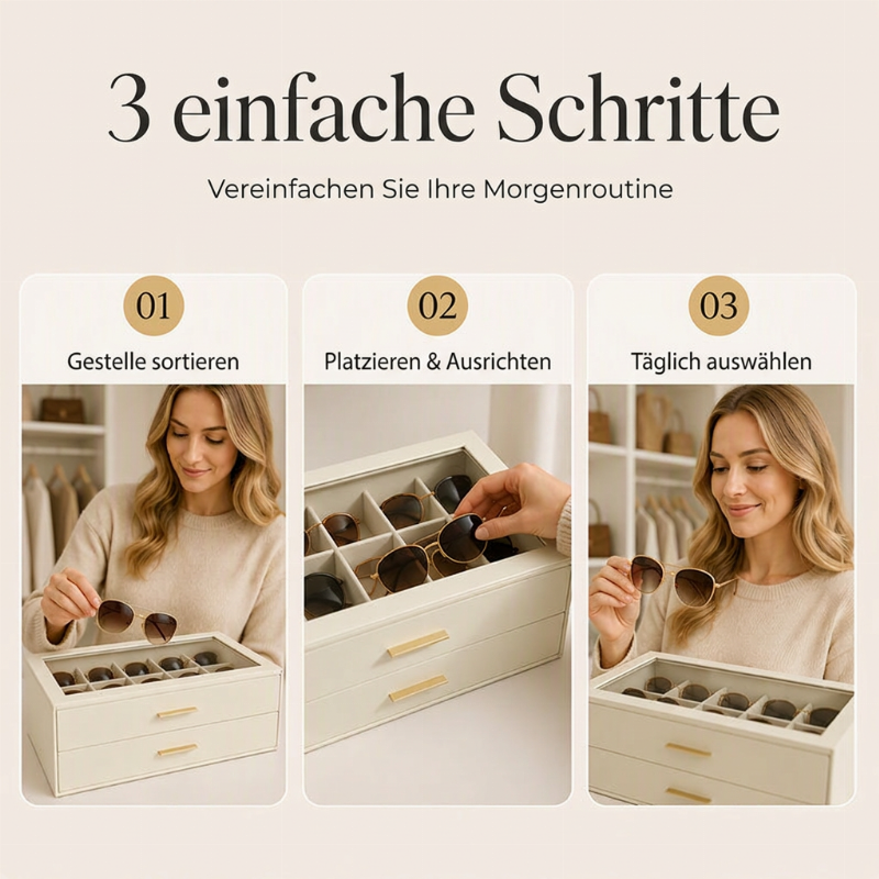 🕶️ JETZT 50% RABATT! 📦 2-stöckige Sonnenbrillen-Aufbewahrungsbox mit Glasoberteil – Klare Präsentation, staubdicht & stapelbar – Bietet Platz für über 12 Brillen, übersichtlich organisiert für Zuhause oder im Laden ✨