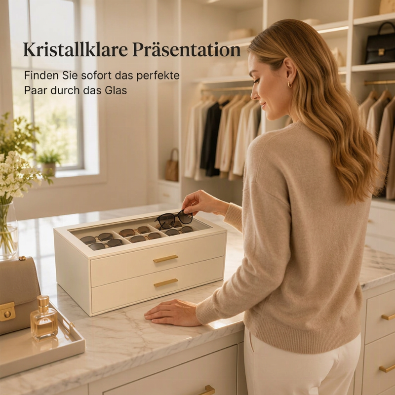 🕶️ JETZT 50% RABATT! 📦 2-stöckige Sonnenbrillen-Aufbewahrungsbox mit Glasoberteil – Klare Präsentation, staubdicht & stapelbar – Bietet Platz für über 12 Brillen, übersichtlich organisiert für Zuhause oder im Laden ✨