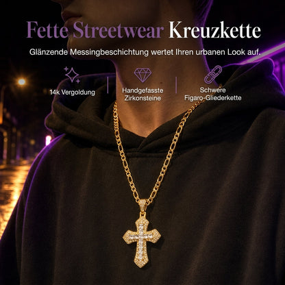 ✝️ LIMITIERTES ANGEBOT 50% RABATT! ✨ Zweilagige Kreuz-Halskette – Zirkonia besetzt, Figaro-Glieder, Hip-Hop Stil 🪙