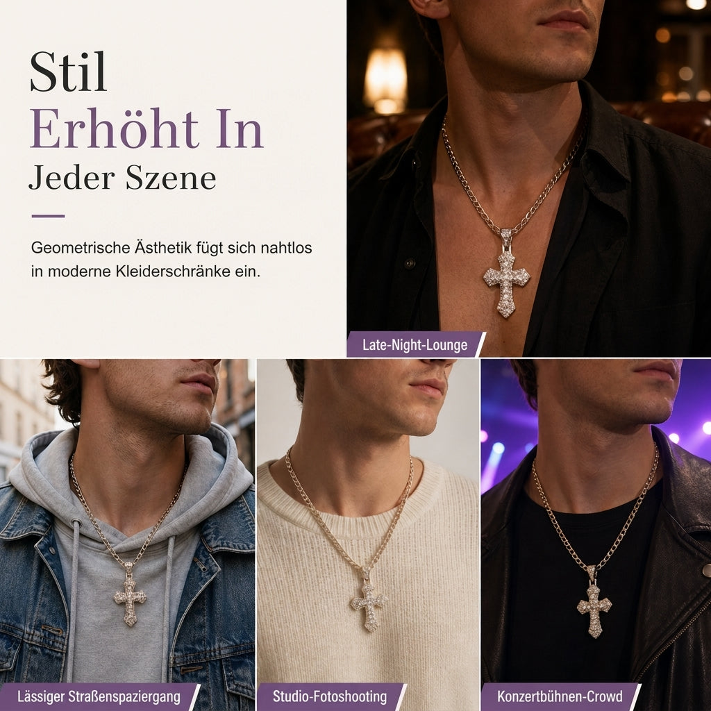 ✝️ LIMITIERTES ANGEBOT 50% RABATT! ✨ Zweilagige Kreuz-Halskette – Zirkonia besetzt, Figaro-Glieder, Hip-Hop Stil 🪙