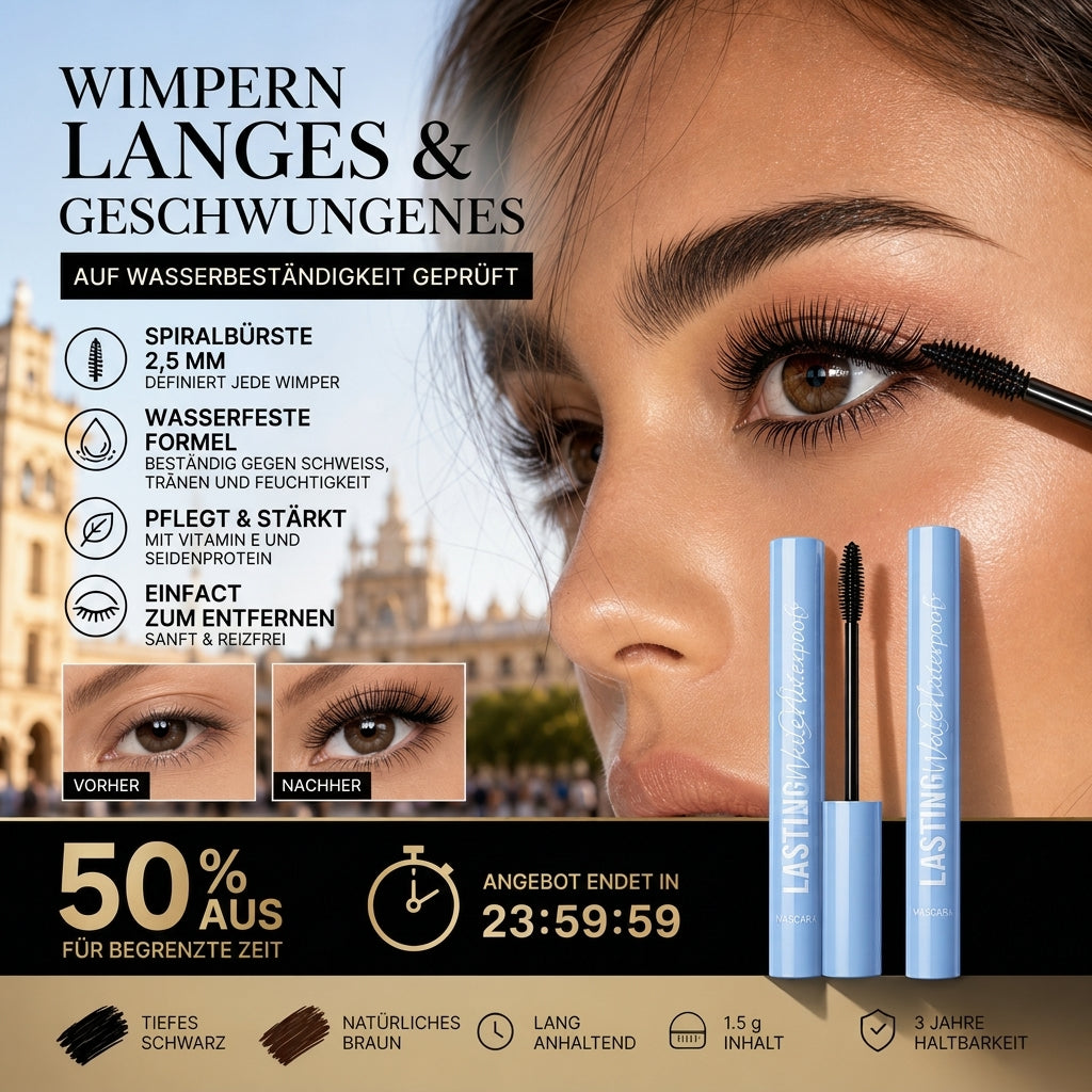 ⏰🔥ZEITBEGRENZTES ANGEBOT – 50% RABATT! 💖 Wasserfeste Wimperntusche mit verlängernder und kräuselnder Wirkung – Volumen, lange Haltbarkeit und ohne Verschmieren ✨