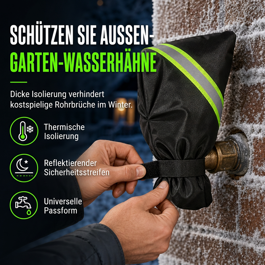 Winter Abdeckung für Außenwasserhähne zum Frostschutz – isolierte Wasserhahnabdeckung mit abgeschrägter Kante und leuchtgrünem Reflexionsstreifen