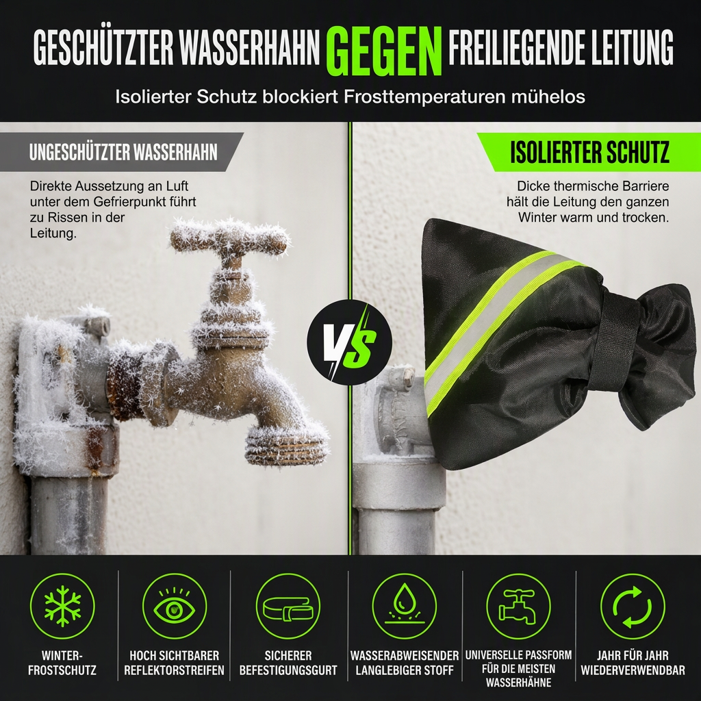 Winter Abdeckung für Außenwasserhähne zum Frostschutz – isolierte Wasserhahnabdeckung mit abgeschrägter Kante und leuchtgrünem Reflexionsstreifen