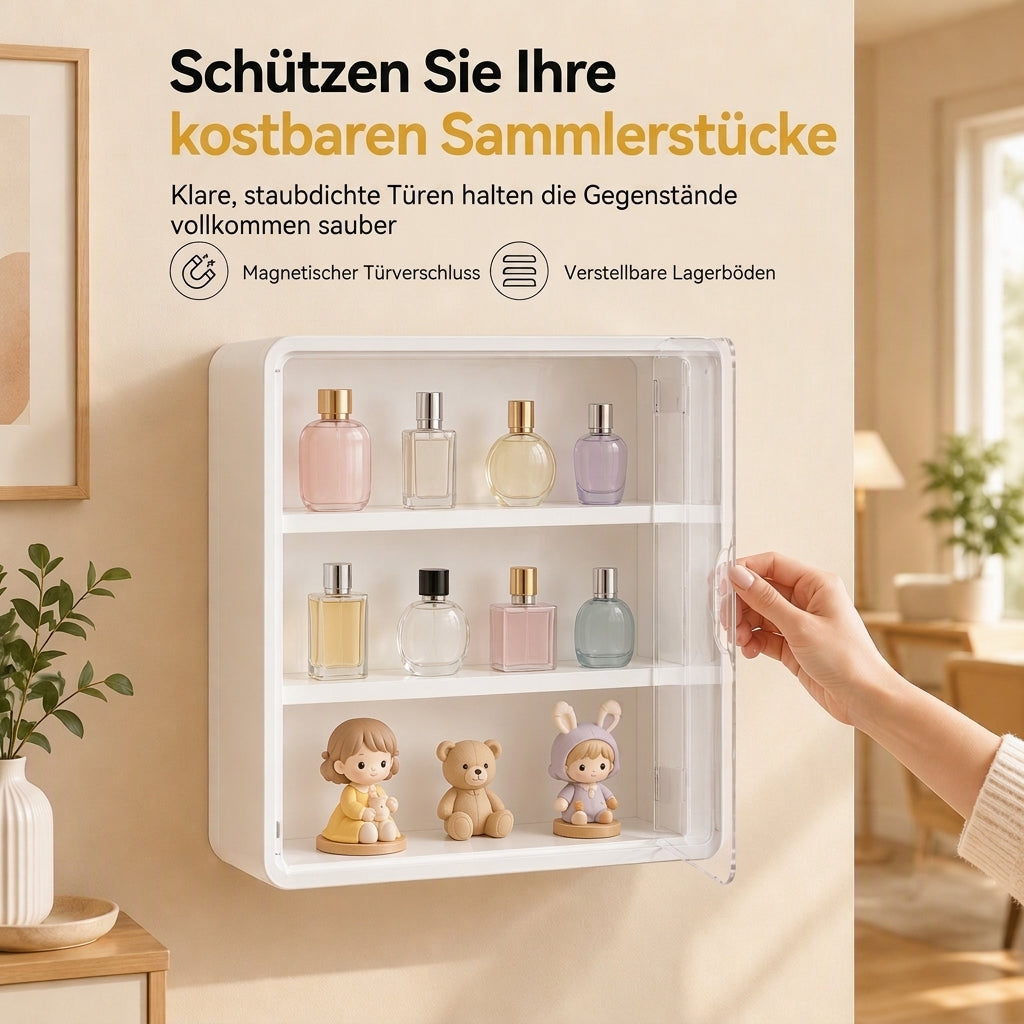 Wandmontierte, transparente Vitrine für Actionfiguren und Aufbewahrungsorganizer mit zwei Ablagen