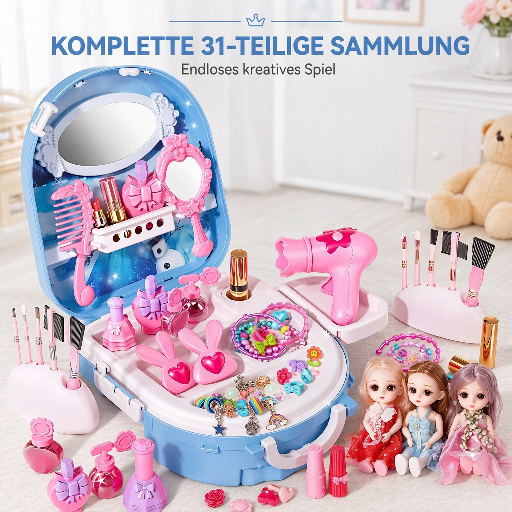 Schminktisch-Spielzeugset für Mädchen mit Puppen und Schönheitsaccessoires