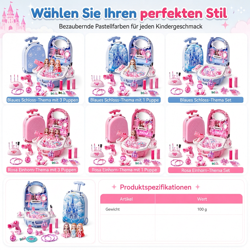 Schminktisch-Spielzeugset für Mädchen mit Puppen und Schönheitsaccessoires