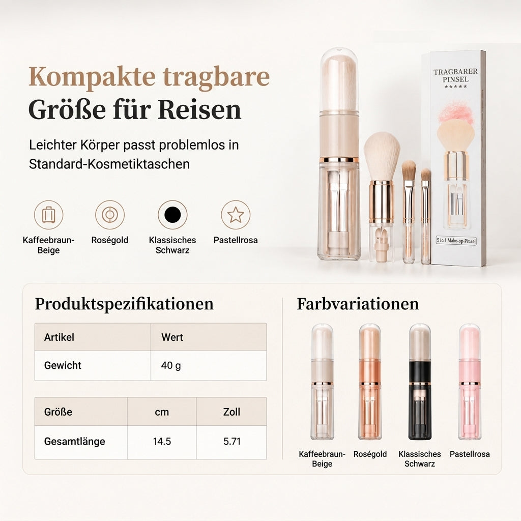 🥳HEIßER SALE 2026🥳💞MEHR ALS 50.000 VERKAUFT! 💄✈️ 50% RABATT! Tragbares ausziehbares 5-in-1-Make-up-Pinselset – Pinsel für Puder, Rouge und Silikon-Lippenpinsel in einer kompakten Kapsel. Ideal für unterwegs! 🛡️✨