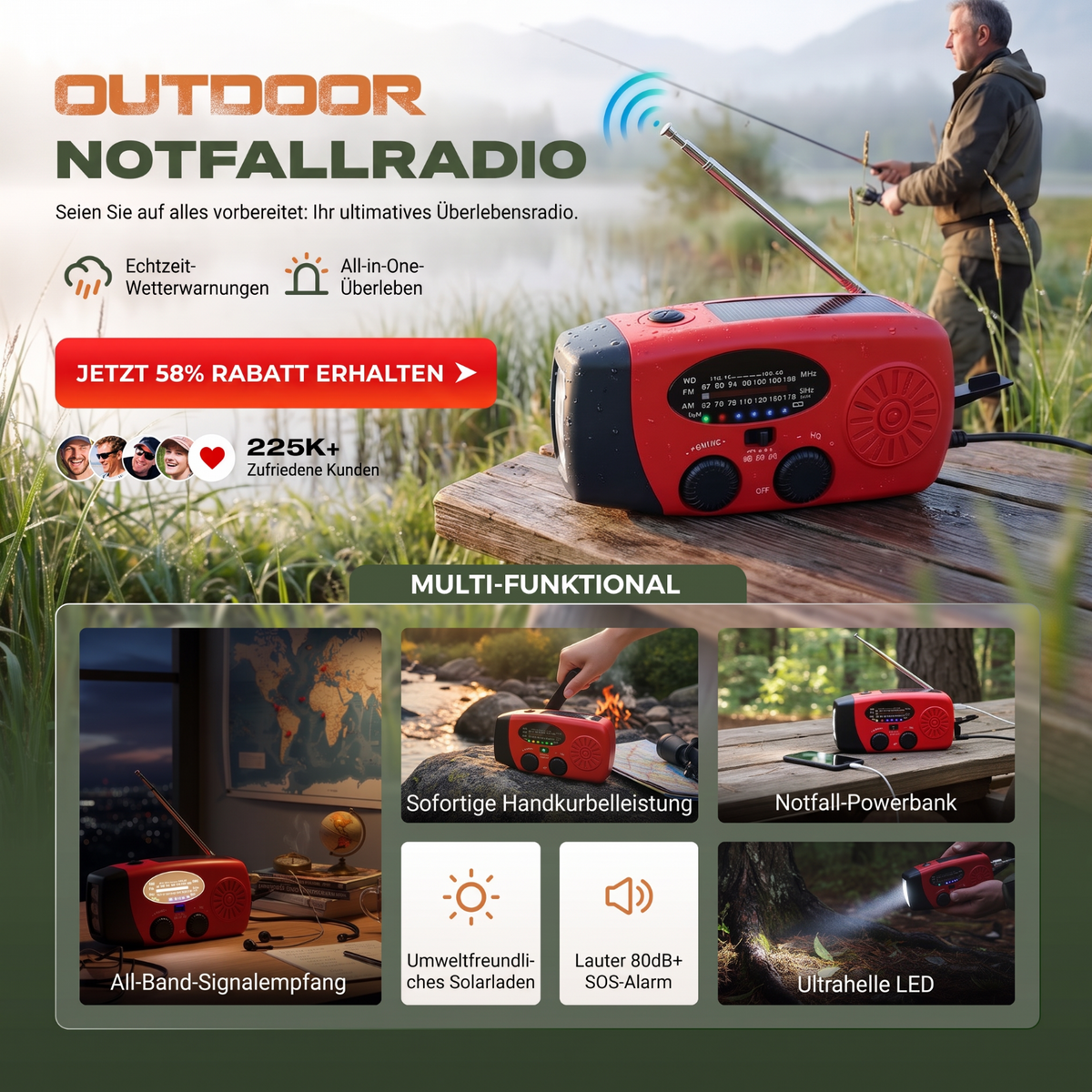 🏕️ 📻 Careluxpro Multifunktionales Tragbares Solar-Notfallradio – Powerbank, Handkurbel & Katastrophenvorsorge