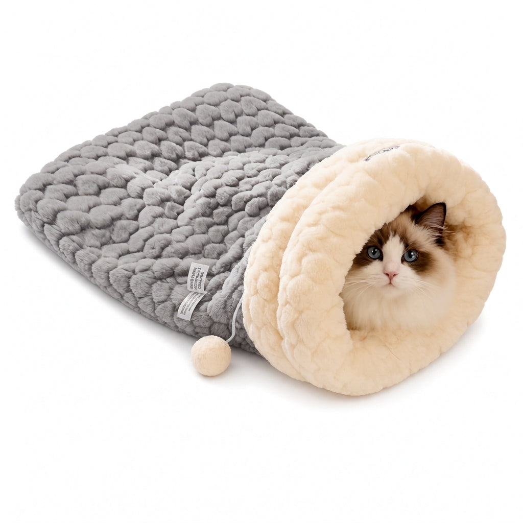 🔥😺Verdicktes warmes Katzen-Schlafsack Bett｜gemütliches Plüsch-Höhlenbett + Matte, super kuschelig für Herbst & Winter❄️🧸