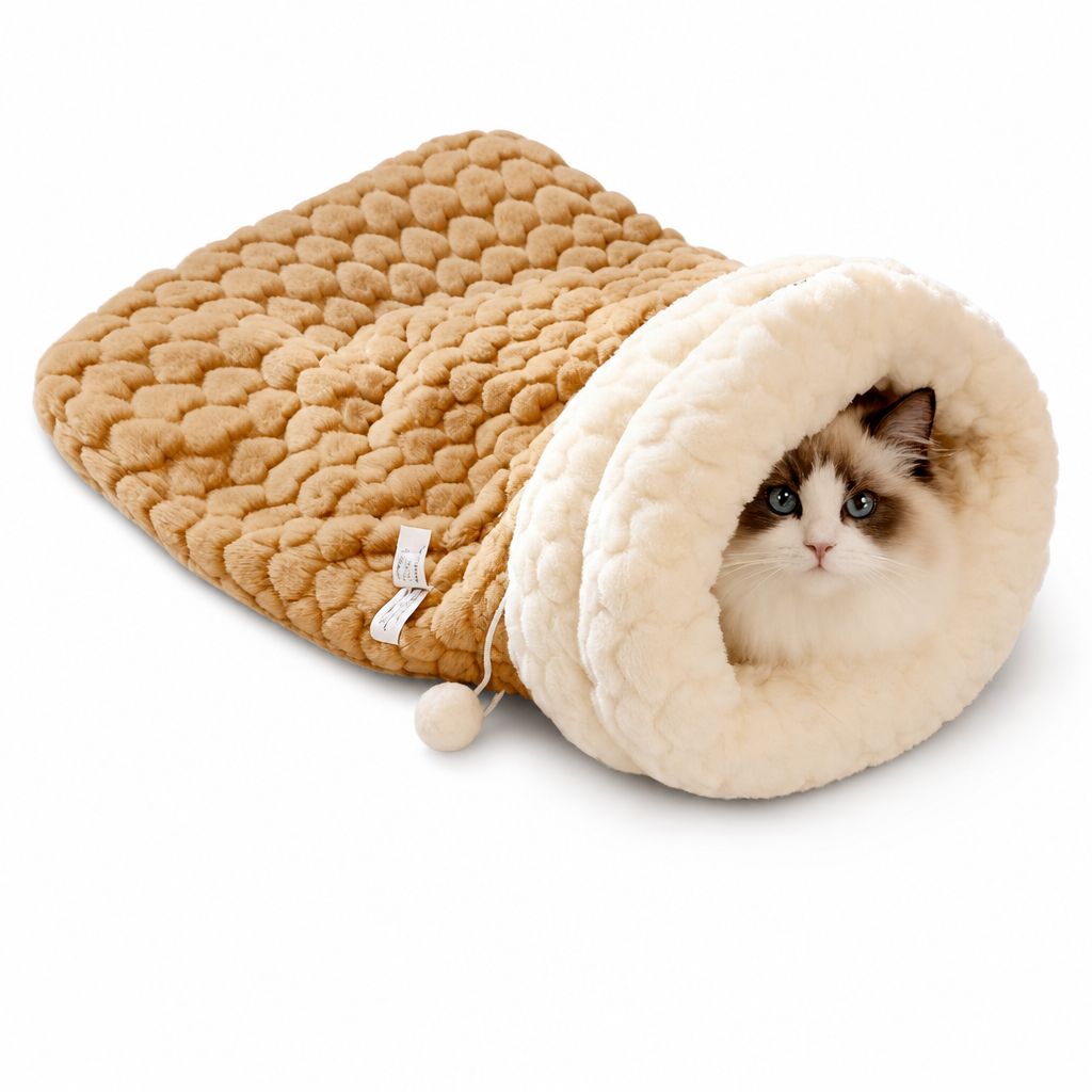 🔥😺Verdicktes warmes Katzen-Schlafsack Bett｜gemütliches Plüsch-Höhlenbett + Matte, super kuschelig für Herbst & Winter❄️🧸